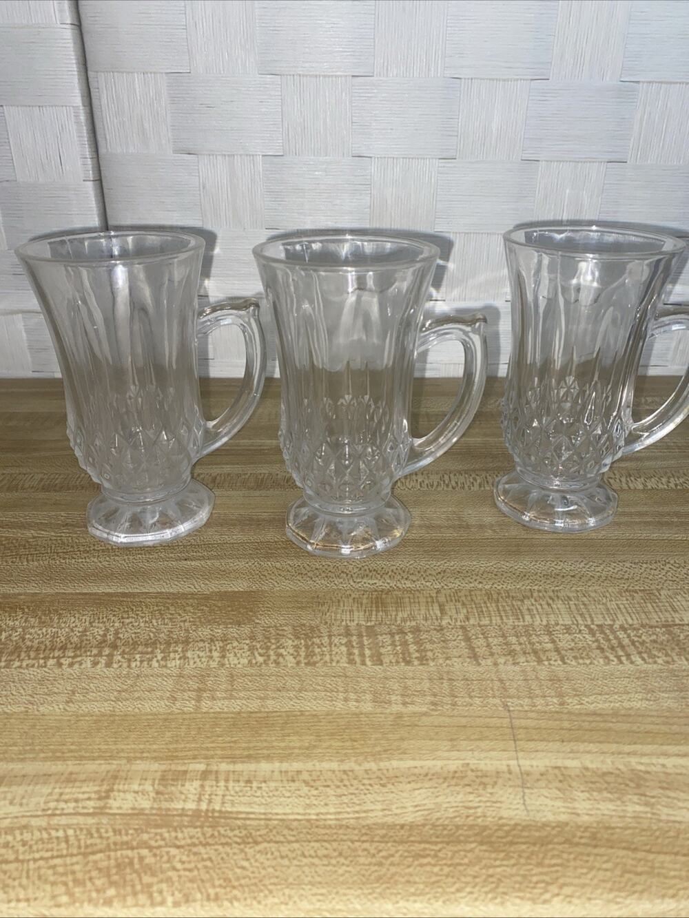 Set Of 3 Diamant Small Mug Clear Glass 4.5" tall x 2.5" Crystal Cut D Handle